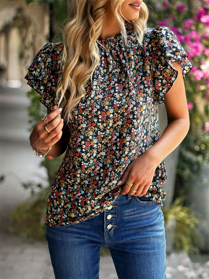 Summer Trendy Female Floral Print Ruffle Sleeve Shirts