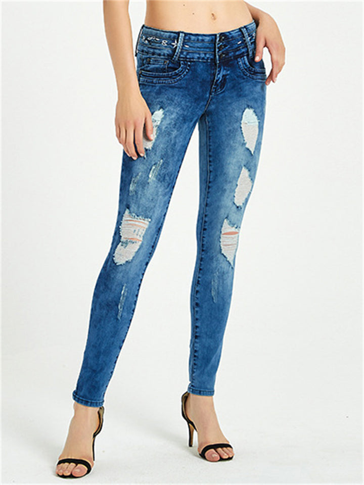 Women's Casual Style Floral Embroidery Buttons Denim Jeans