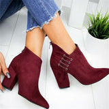 Trendy Pointed Toe Chunky High Heel Back Zipper Short Boots
