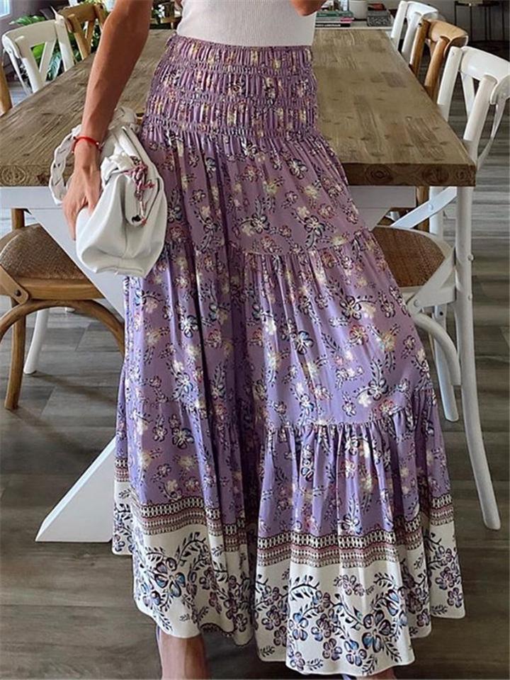 Cute High-Waist Floral Pattern Pleated Maxi Skirts