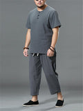 Loose Fit Linen 2-Piece Round Neck Button T-Shirt + Drawstring Cropped Pants