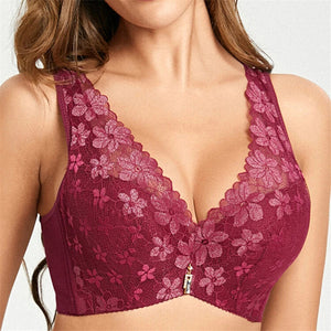 Women's Floral Lace Push Up Gather Bras - Wine Red