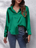 Super Soft Lapel Button Long Sleeve Silky Blouses for Office Lady