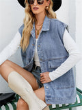 Girl's Summer Street Large Pocket Button Sleeveless Denim Vest