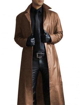 Temperament Long Slim Leather Trench Coat For Men