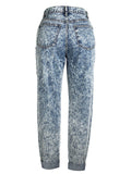 Street Style Red Patchwork Washed Effect Light Blue Denim Pants for Women