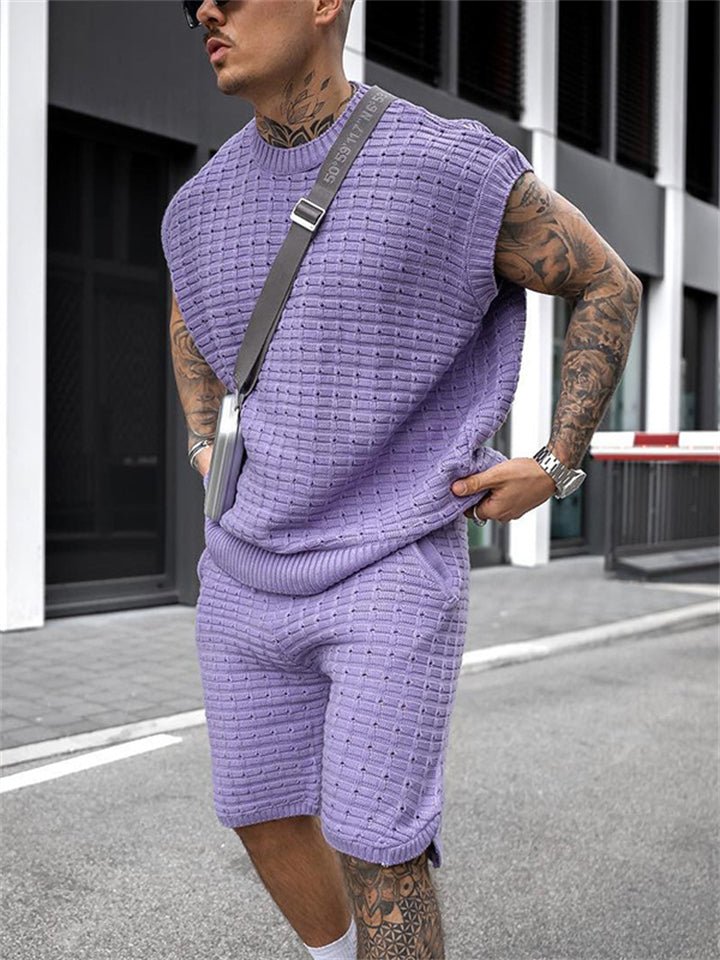 Men's Sporty Trendy Loose Sleeveless Knitted Tops+Knee Shorts