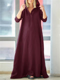 Casual Style Cotton Linen Solid Color Pocket Hooded Maxi Dress