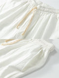 Lightweight Linen Two-Piece Outfit Wrap Neck T-Shirt + Elastic Waistband Knee-Length Pants