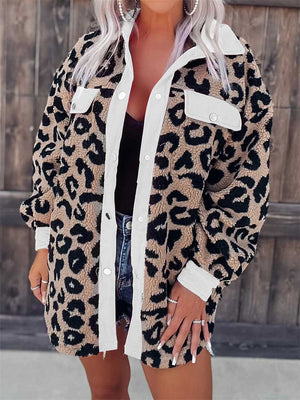 Trendy Leopard Print Lapel Patchwork Women Plush Jacket Coats