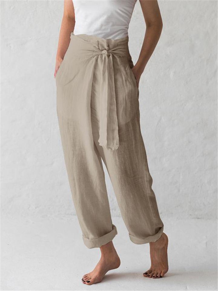 Minimalist Style High-Rise Side Tie Up Pocket Cotton Linen Pants