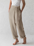 Minimalist Style High-Rise Side Tie Up Pocket Cotton Linen Pants