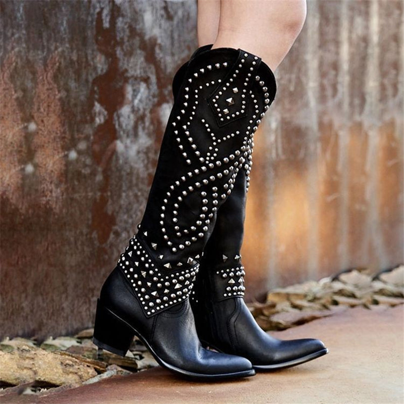 Vintage Style Rivet Deco Non-Slip Chunky Heel Pointed Toe Boots