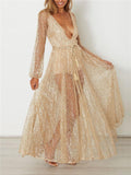 Sexy Pretty Plunging V Neck Long Sleeve Semi-Sheer Waist-Tie Fastening Beaded Party Dress