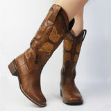 Butterflies Embroidered Chunky Heels Mid Calf Boots