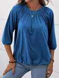 Loose Fit Round Neck 3/4 Sleeve Pullover Pleated Lightweight Top