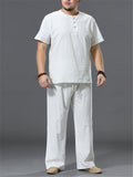 Men's Casual Loose Plus Size Cotton Linen Sets Short-Sleeved T-Shirt + Trousers