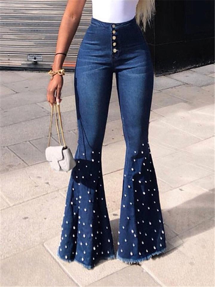 Trendy Washed Effect Beaded Stretchy Frayed Hem Flare Jeans