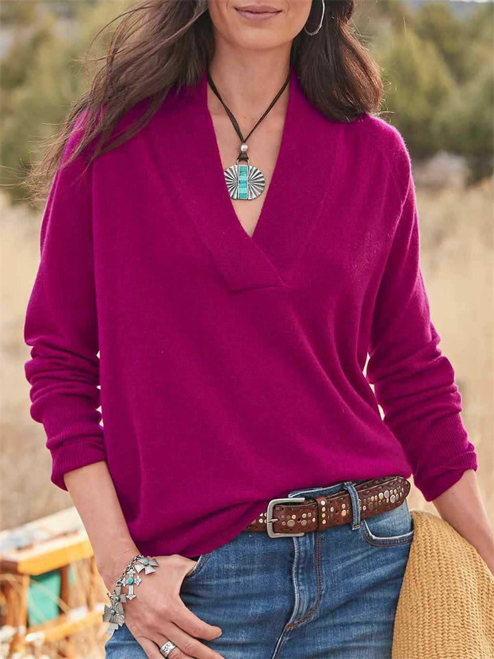 Women's Fashion V Neck Pure Color Extra Loose Pullover Tops