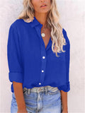 Casual Fit Solid Color Button Up Lapel Collar Long Sleeve Blouse