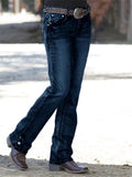 Casual Style Mid-Rise Embroidered Washed Effect Pocket Jeans