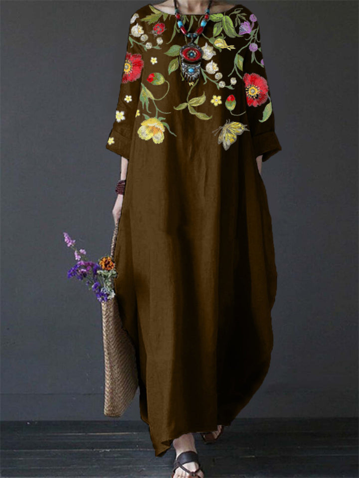 Women's Beautiful Vintage Floral Print Crew Neck 3/4 Sleeve Dresses