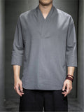 Men Loose 3/4 Sleeve Solid Color Shirts