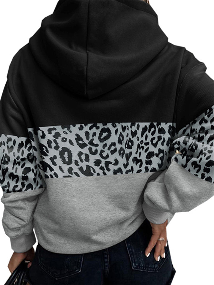 Women's Trendy Leopard Printed Stripe Hooded Front Pocket Sweatshirt
