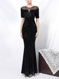 Shimmering Sequined Illusion Neck Mermaid Dress for Evening Party