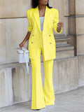 Office Ladies Solid Double Breasted Blazer Wide Leg Pants Sets