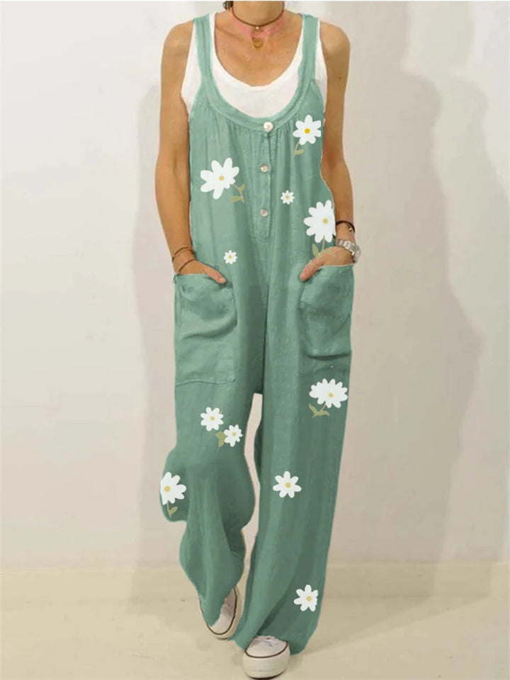 Laid-Back Scoop Neck Front Patch Pocket Daisy Print Straight-Leg Jumpsuit