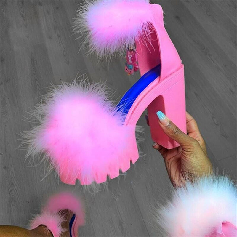 Fashion Fluffy Chunky Heel Pumps Sandals for Women