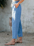 High Waist Blue Color Straight Leg Jeans