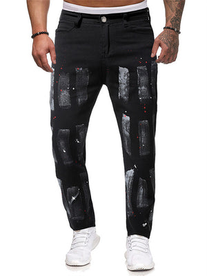Trendy Men's Black&White Graffiti Paint Slim Fit Jeans