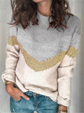 Trendy Striped Contrast Color Knit Pullover Round Neck Raglan Sleeve Sweater