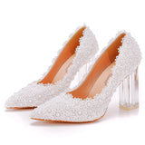 Gentle Female Lace Floral White Pearl Chunky High Heels Pumps