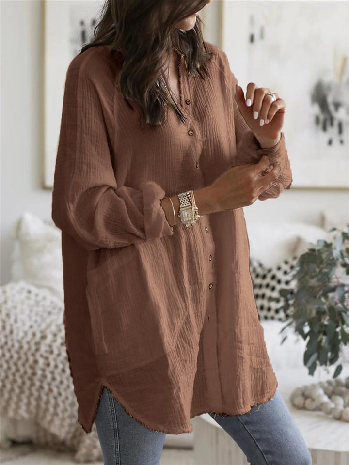 Baggy V Neck Solid Color Button Up Long Sleeve Midi Length Blouse
