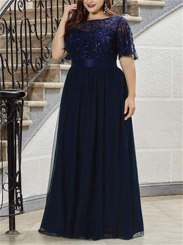 New Elegant Sweet Style Plus Size Embroidery Short Sleeve Evening Dresses