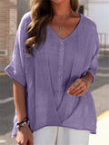 V-Neck Linen Short Sleeve Blouses For Women