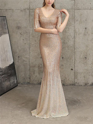 Shiny Sequined V Neck Fitted Waist Mermaid Maxi Dress for Evening Party