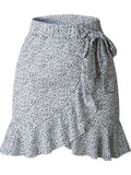 New Summer Multi Dot Print Slim Ruffle High Waist Bow Tie Skirts