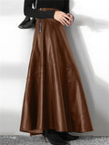 New Elegant Office Lady Solid Color PU Leather Zipper Long Skirts