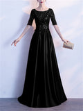 Shiny Round Neck Short Sleeve A-Lined Gown Dress for Evening