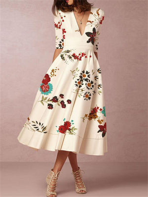 Deep V-neck Slim Fit Floral Print Half Sleeve Lady Dresses