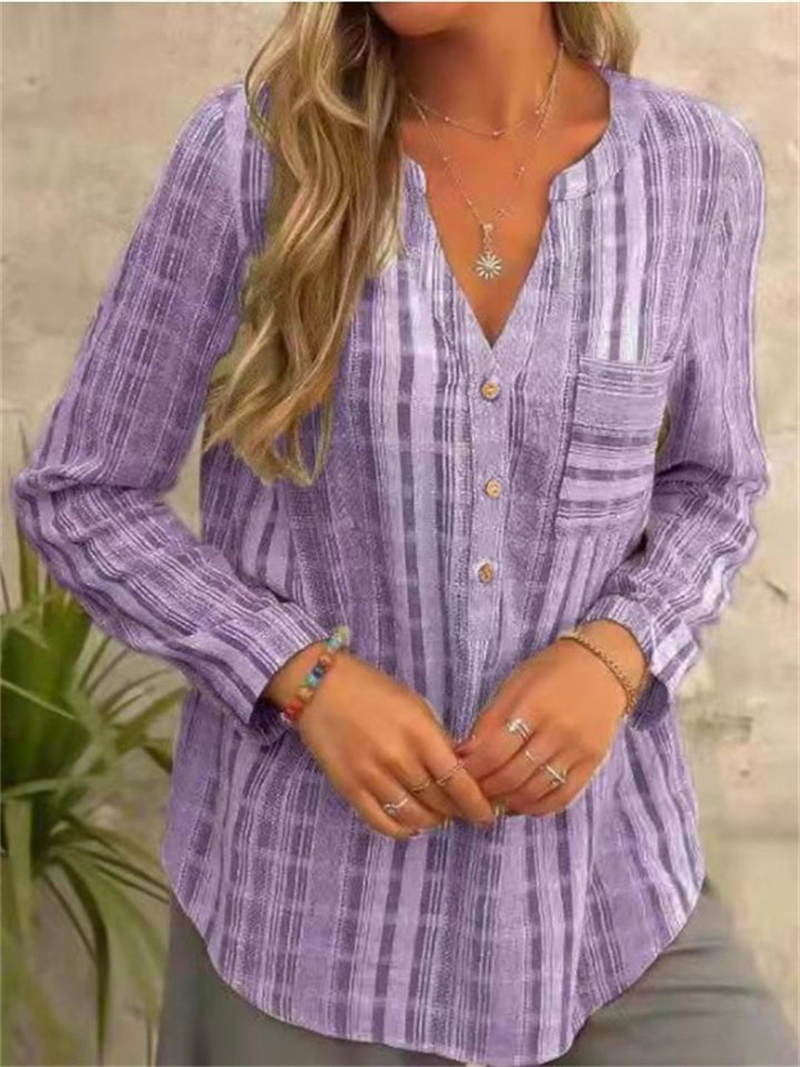 Spring Casual Vertical Stripe V Neck Long Sleeve Loose Female Shirts