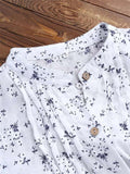 Casual Style Stand Collar Floral Button Up Midi Length Cotton Linen Blouse