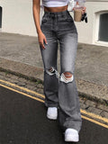 High-Rise Faded Effect Distressed Straight Fit Flare Style Jeans