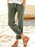 Casual Fit Solid Color Drawstring Pocket Straight-Leg Linen Pants