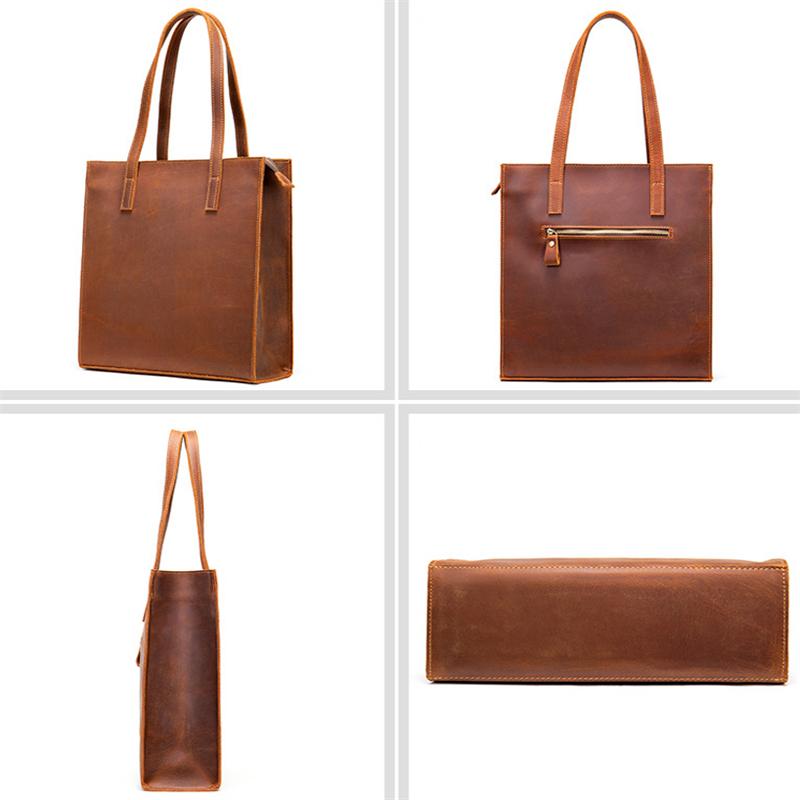 Vintage Crazy Horse Leather Solid Color Large Capacity Handbag