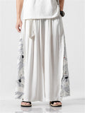 Linen Cotton Elastic Waistband Drawstring Pleated Detailing Crane Print Full Length Pants